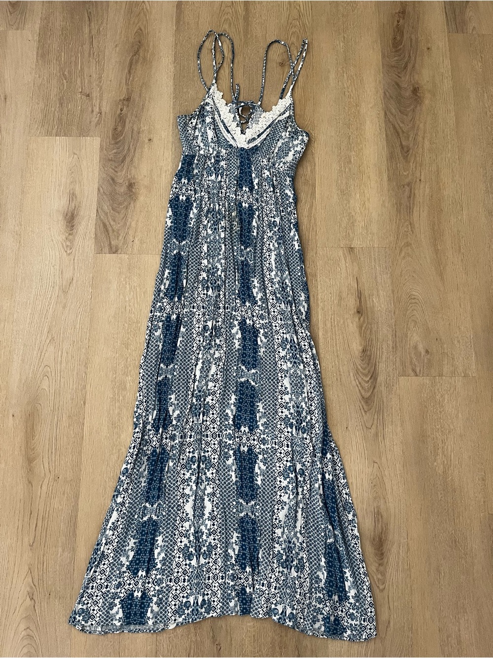 Lovestitch Boho Blue Patterned Maxi Dress with Lace Trim